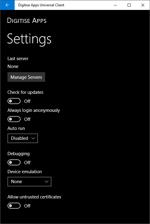 Picture showing Settings screen in Windows Universal Client.